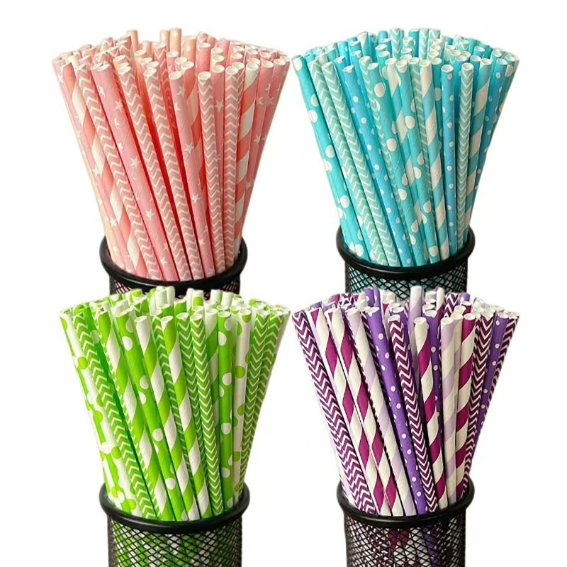 Paper Straw Color - 100 sedotan kertas bergaris sekali pakai